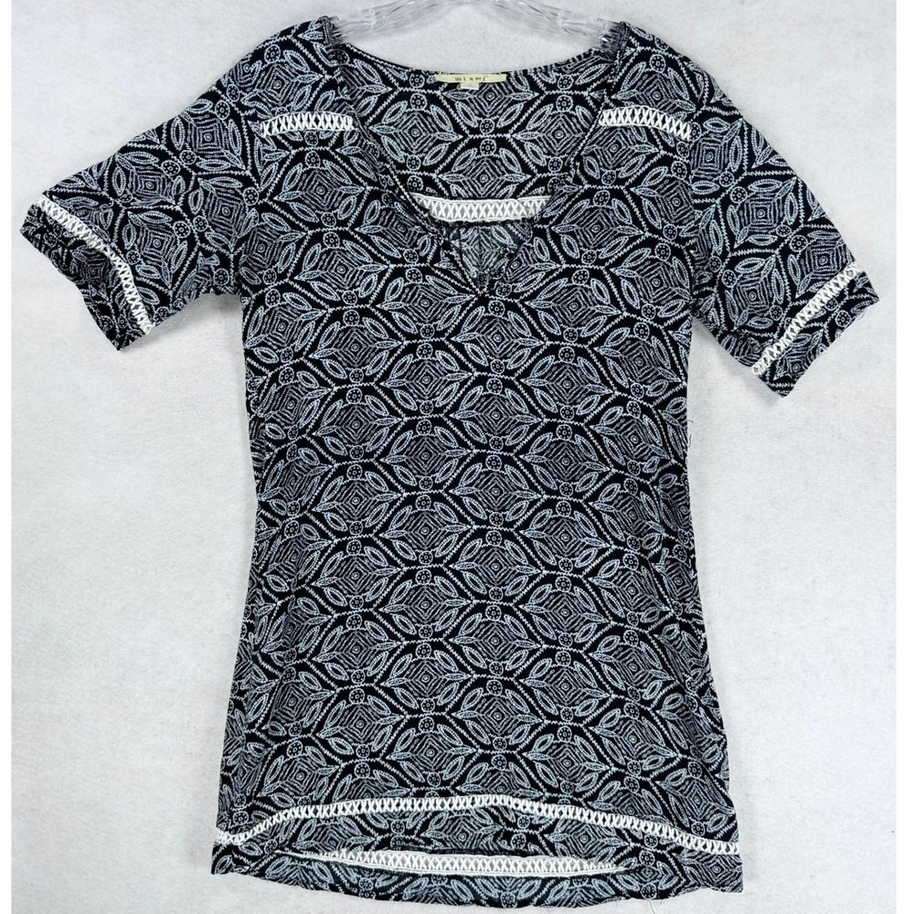 BOHO Miami Black White Geometric Medallion Tunic Top Lace Trim Small